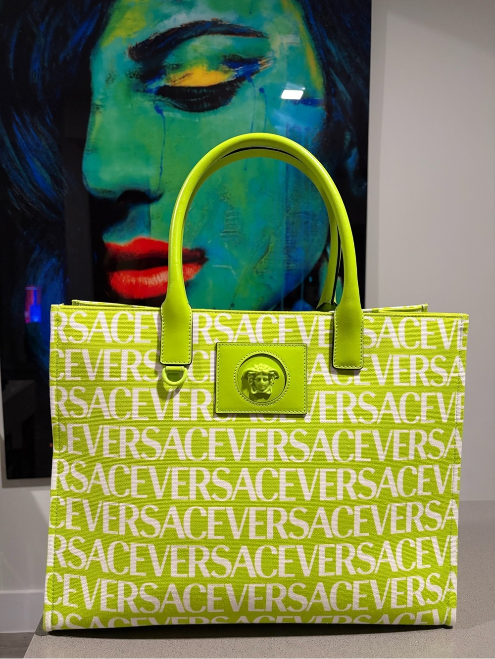 Versace Neon Lime Logo Jacquard Tote